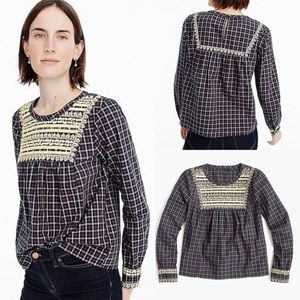 J Crew Tall Gold Embroidered Plaid Peasant Top